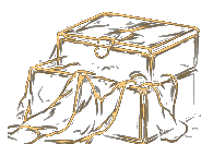 A silk-wrapped box tied with ribbon