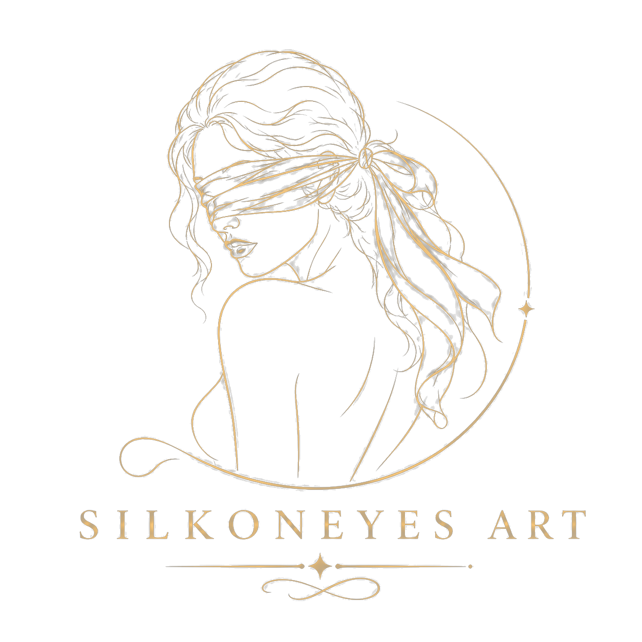 SILKONEYES ART — a woman with eyes veiled in flowing silk, drawn in gold line on black