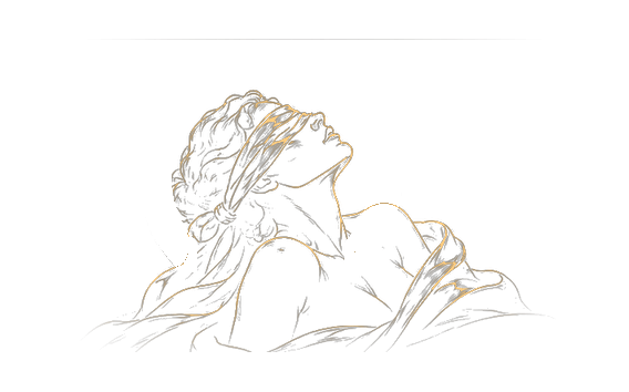 A reclining figure, eyes veiled in silk, within a golden halo